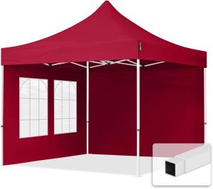 3x3 m Faltpavillon, ECONOMY Stahl 30mm, Seitenteile mit Sprossenfenstern, rot