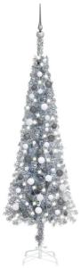 vidaXL Schlanker Weihnachtsbaum mit LEDs & Kugeln Silbern 180 cm, Mit Beleuchtung [3078133]
