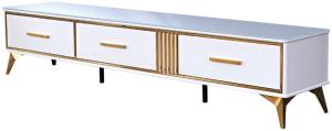 Casa Padrino Luxus TV Schrank Weiß / Gold 200 x 40 x H. 41 cm - Modernes Wohnzimmer Sideboard mit 3 Schubladen - Moderne Wohnzimmer TV Möbel