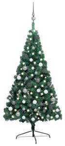 vidaXL Künstlicher Halber Weihnachtsbaum mit LEDs & Kugeln Grün 240 cm, Mit Beleuchtung [3077653]
