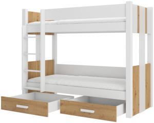Etagenbett für Kinder SEVERIN + Matratze, 90x200, weiß/Eiche artisan