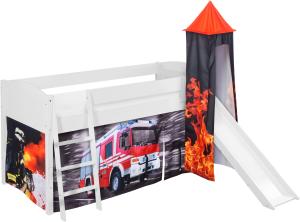 Lilokids 'Ida 4106' Spielbett 90 x 200 cm, Feuerwehr, Kiefer massiv, mit Turm, Rutsche und Vorhang