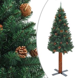 vidaXL Schlanker Weihnachtsbaum mit Echtholz und Zapfen Grün 150cm PVC