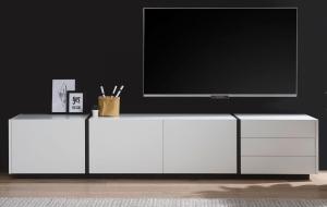 TV-Lowboard Design-M in weiß matt und Fresco grau 250 x 50 cm