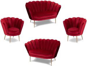 Casa Padrino Designer Art Deco Wohnzimmer Set Rot / Messingfarben - 2 Sofas & 2 Sessel - Wohnzimmer Möbel - Art Deco Möbel