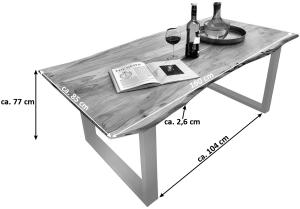 Esstisch Tisch natürliche Baumkante Akazie massiv Kufengestell natur 160 x 85 silber QUINN 523576
