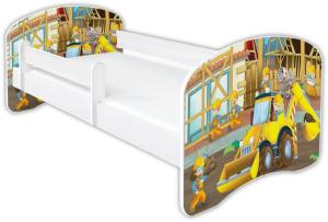 Clamaro 'Schlummerland 2021' Kinderbett 80x180 cm, Baustelle Bagger, inkl. Lattenrost, Matratze und Rausfallschutz (ohne Schublade)