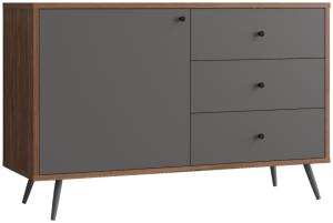 Sideboard 118 x 40 cm MDF Grau Walnuss mit Tür und 3 Schubladen und Metallfüßen