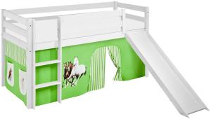 Lilokids 'Jelle' Spielbett 90 x 200 cm, Pferde Grün Beige, Kiefer massiv, mit Rutsche und Vorhang