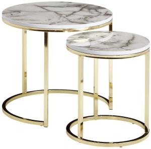 WERAN Beistelltisch 2er Set Weiß Marmor Optik Couchtisch Tischgestell Metall Gold Wohnzimmertisch