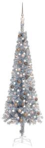 vidaXL Schlanker Weihnachtsbaum mit LEDs & Kugeln Silbern 180 cm, Mit Beleuchtung [3078092]