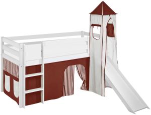 Lilokids 'Jelle' Spielbett 90 x 200 cm, Braun Beige, Kiefer massiv, mit Turm, Rutsche und Vorhang