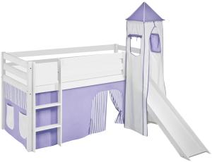 Lilokids 'Jelle' Spielbett 90 x 190 cm, Lila Beige, Kiefer massiv, mit Turm, Rutsche und Vorhang