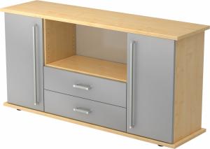 bümö® Sideboard mit Türen, Schubladen und Chromgriffen in Ahorn/Silber