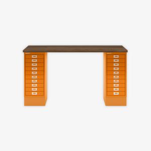 MultiDesk, 2 MultiDrawer mit 10 Schüben, Dekor Nussbaum, Farbe Orange, Maße: H 740 x B 1400 x T 600 mm