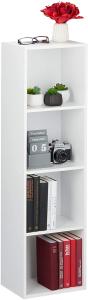 Relaxdays Bücherregal 4 Fächer, modernes Design, Wohnzimmer, Standregal schmal, aus PB, HxBxT: 106 x 30 x 23 cm, weiß, 1 Stück