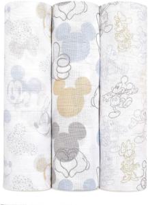 aden + anais Pucktücher, Baby-Decken aus 100% Baumwoll-Musselin für Neugeborene Mädchen & Jungen, Wickeltücher-Set für Säuglinge & Kleinkinder, 120x120cm, 3er-Pack, Mickey + Minnie