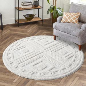 carpet city Teppich Hochflor Wohnzimmer - 200 cm Rund - Einfarbig Weiß/Creme - Hochtief-Muster/ 3D-Effekt Raute - Shaggy Teppiche Schlafzimmer Boho, Scandi
