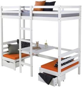 Kinderbett Hochbett 90x200 weiß Schreibtisch Etagenbett + Sitzkissen orange