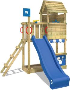 WICKEY Spielturm Klettergerüst Smart Sparrow mit blauer Rutsche, Kletterturm mit Sandkasten, Leiter & Spiel-Zubehör