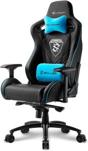 Sharkoon Skiller SGS4 Komfortabler Gaming-Stuhl (mit extragroßer Sitzfläche, 150kg belastbar, Kunstleder, Aluminiumfußkreuz, 75mm Rollen mit Bremsfunktion, 4-Wege-Armlehnen, Stahlrahmen) schwarz/blau