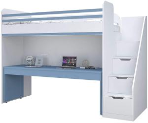 Polini 'City' Hochbett Kombination mit Treppe und großem Schreibtisch blau