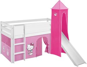 Lilokids 'Jelle' Spielbett 90 x 200 cm, Hello Kitty Rosa, Kiefer massiv, mit Turm, Rutsche und Vorhang