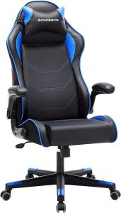 SONGMICS Gamingstuhl, Racing Chair, ergonomischer Schreibtischstuhl, Bürostuhl mit Kopfstütze und verstellbaren Armlehnen, höhenverstellbar, Stahlgestell, Kunstleder, Schwarz-blau RCG014B01