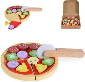 Moni Kinder Pizza-Spielset 4221 Holz Pizzaschneider, Pizzastücke mit Klett rot