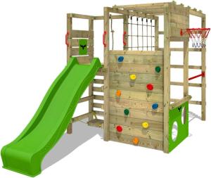 FATMOOSE Klettergerüst Spielturm ActionArena mit apfelgrüner Rutsche, Gartenspielgerät mit Leiter & Spiel-Zubehör