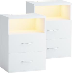 Casaria® Nachttisch 2er Set Touch LED Beleuchtung 40x28x55cm Holz 2 Schubladen Boxspringbett Schlafzimmer Wohnzimmer Beistelltisch Nachtschrank Weiß