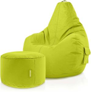 Green Bean© Sitzsack mit Rückenlehne + Hocker "Cozy+Stay" 80x70x90cm - Gaming Chair mit 230L Füllung - Bean Bag Lounge Chair Sitzhocker Hellgrün