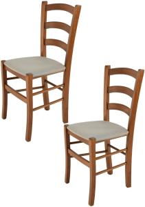 Tommychairs - 2er Set Stühle Venice für Küche und Esszimmer, Struktur aus lackiertem Buchenholz im Farbton helles Nussbraun und gepolsterte Sitzfläche mit Stoff in der Farbe Gämsebraun bezogen