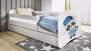 Kinderbett Jugendbett Weiß mit Rausfallschutz Schublade und Lattenrost Kinderbetten für Mädchen und Junge - Waschbär 70 x 140 cm