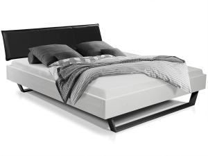Möbel-Eins LUKY Kufenbett mit Polsterkopfteil, Material Massivholz, Fichte massiv, Kufen schwarz weiss 120 x 220 cm Kunstleder Schwarz