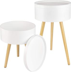 ONVAYA® Beistelltisch 2er Set | Ø35 + 38cm | weiß/holz | Couchtisch rund | Nachttisch Kiefer | Stauraum & Abnehmbarer Deckel | Modernes skandinavisches Design