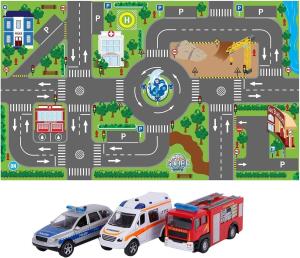 Kinder Spielteppich mit Autos + LED-Ampeln, Feuerwehrauto Polizeiauto Notarzt