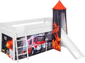 Lilokids 'Ida 4105' Spielbett 90 x 200 cm, Feuerwehr, Kiefer massiv, mit Turm, Rutsche und Vorhang
