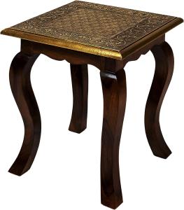Marokkanischer Beistelltisch Couchtisch aus Holz massiv Anum 40 cm | Vintage Tisch aus Massivholz mit Messing verziert für Ihre Wohnzimmer | Niedriger Orientalischer Sofatisch Massivholztisch Braun