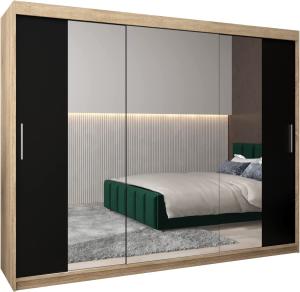 Schwebetürenschrank Tokyo 2-250 cm mit Spiegel Kleiderschrank mit Kleiderstange und Einlegeboden Schlafzimmer- Wohnzimmerschrank Schiebetüren Modern Design (Sonoma + Schwarz)