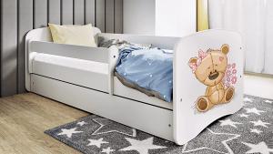 Kocot Kids 'Teddybär mit Blumen' Einzelbett weiß 80x160 cm inkl. Rausfallschutz, Matratze, Schublade und Lattenrost