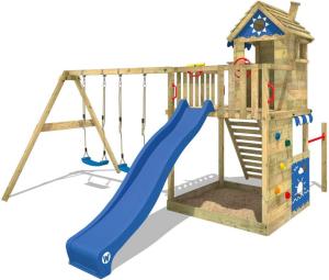 WICKEY Spielturm Klettergerüst Smart Sand mit Schaukel & blauer Rutsche, Kletterturm mit Sandkasten, Leiter & Spiel-Zubehör