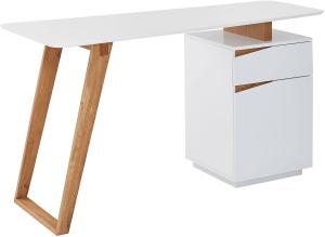 Schreibtisch Skandinavisch Weiß / Eiche 140x58x76 cm Bürotisch Modern | Laptoptisch mit Schublade & Tür | Homeoffice Computertisch mit Stauraum