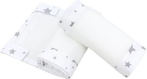 TupTam Gitterstäbe Schutz Netz Babybett Nestchen 3D Mesh 2er Pack, Farbe: Große Sterne Grau/Weiß, Größe: ca. 128 x 30 cm (für Babybett 140x70)