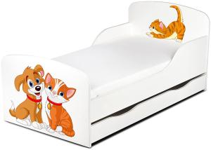 Leomark Kinderbett 70x140 cm, Hund und Katze, mit Matratze, Schublade und Lattenrost