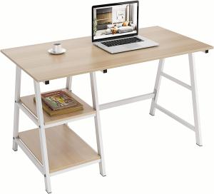 DlandHome Schreibtisch mit 2 Ablagen, 120 * 60 cm Computertisch Bürotisch Arbeitstisch PC Laptop Tisch für Zuhause/Büro, Ahorn & Weiß
