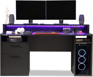 Möbel-Eins TEZO III Gaming Schreibtisch, Material Dekorspanplatte, schwarz matt inkl. LED-Beleuchtung bunt