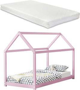 [en.casa] Hausbett mit Matratze 90x200cm rosa