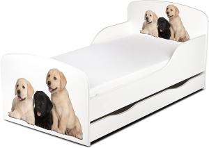 Leomark Kinderbett 70x140 cm, Hunde, mit Matratze, Schublade und Lattenrost