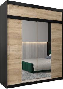 Kryspol Schwebetürenschrank Tokyo 1-200 cm mit Spiegel Kleiderschrank mit Kleiderstange und Einlegeboden Schlafzimmer- Wohnzimmerschrank Schiebetüren Modern Design (Schwarz + Sonoma mit Erweiterung)